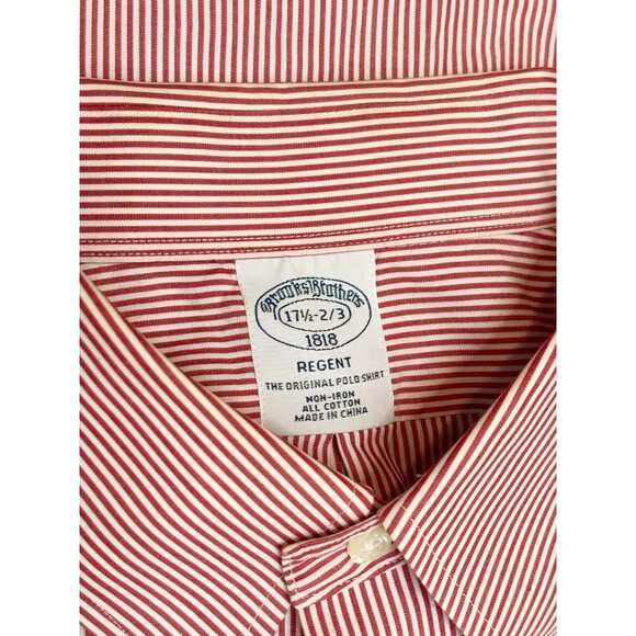 Brooks Brothers Mens 17.5 Reg Red White Stripe Long Sleeve Button Down Shirt - Picture 3 of 5
